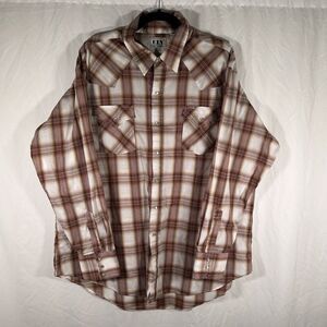 Fly Cattleman Shirt Men's XXL Brown White Plaid Pearl Snap Long Sleeve